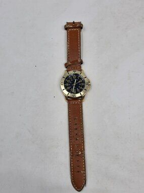 Japan 377 Quartz Wristwatch Black Dial Gold Bezel Brown Leather Strap